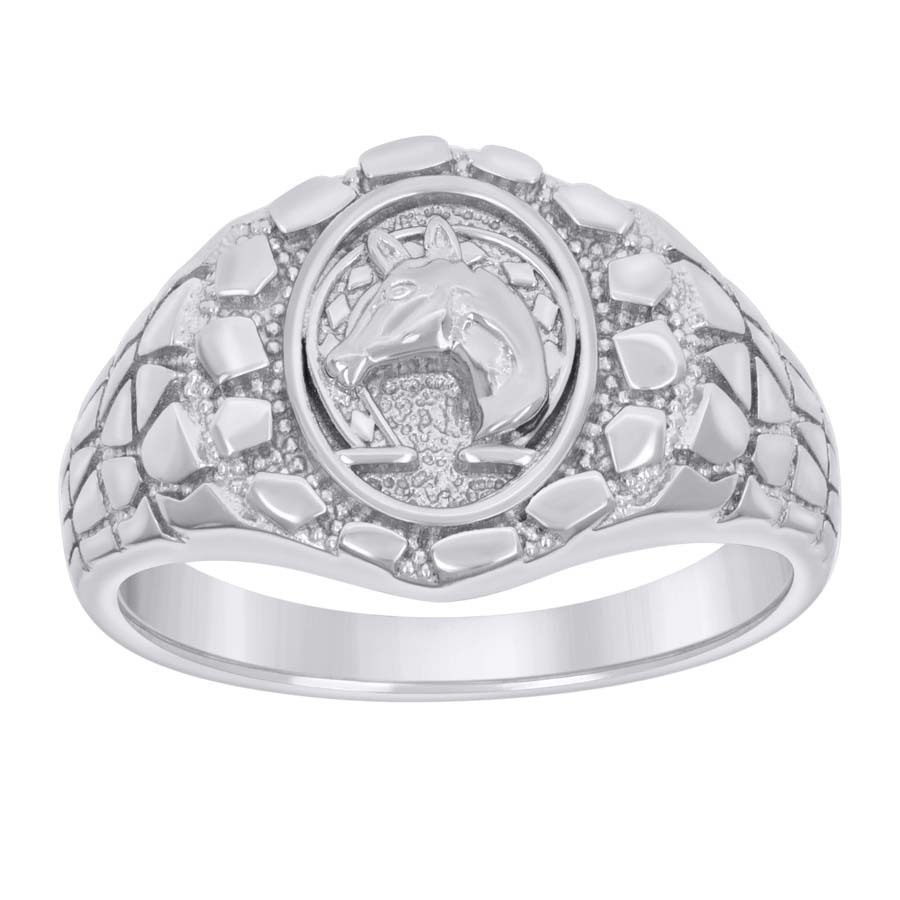 925 Sterling Silver Mens Nugget Horse Head Horseshoe Good Luck Ring Size 10